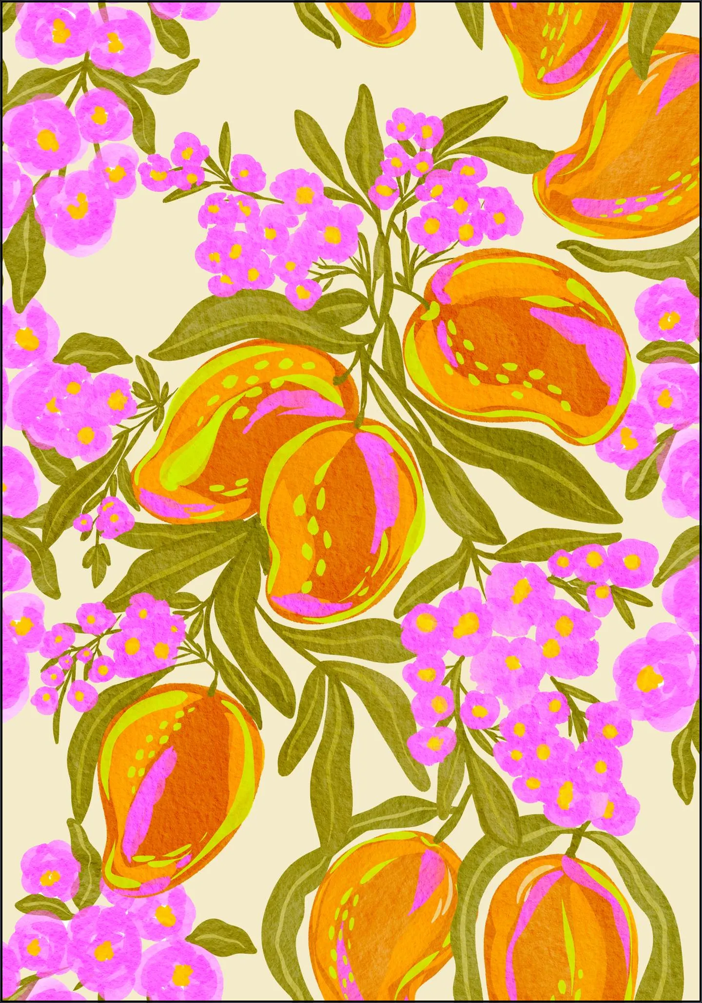 Tropical Theme With Lush Mangoes And Flowers