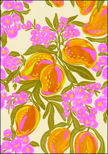 Tropical Theme With Lush Mangoes And Flowers