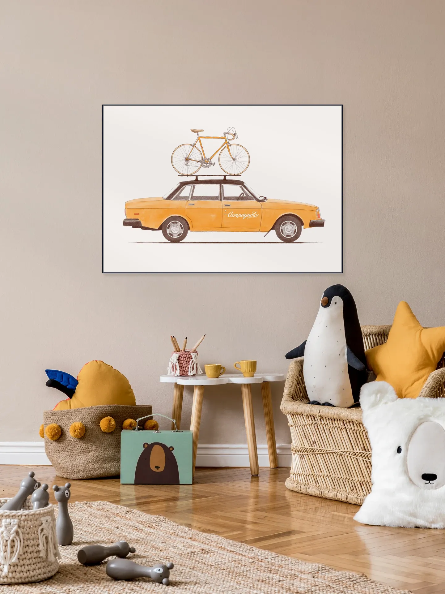Yellow Vintage Car with Race Bike