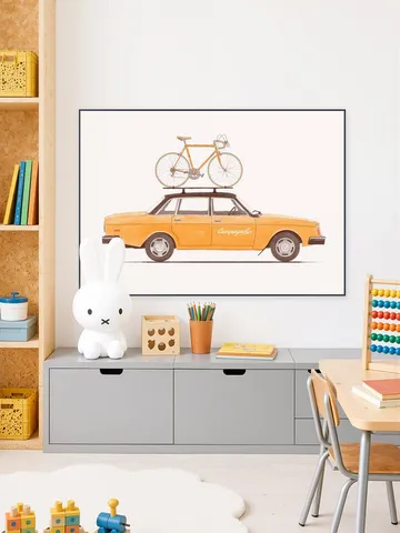Yellow Vintage Car with Race Bike
