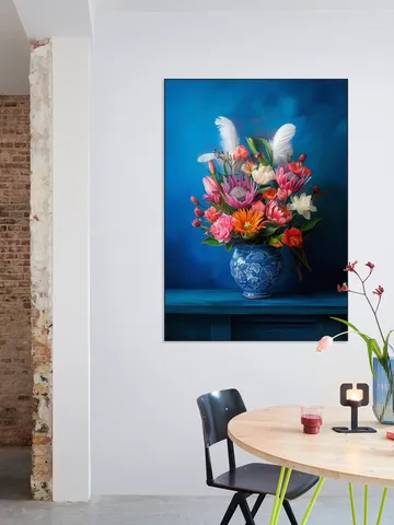 Delft Blue Floral Still Life with Colorful Flowers and White Feathers