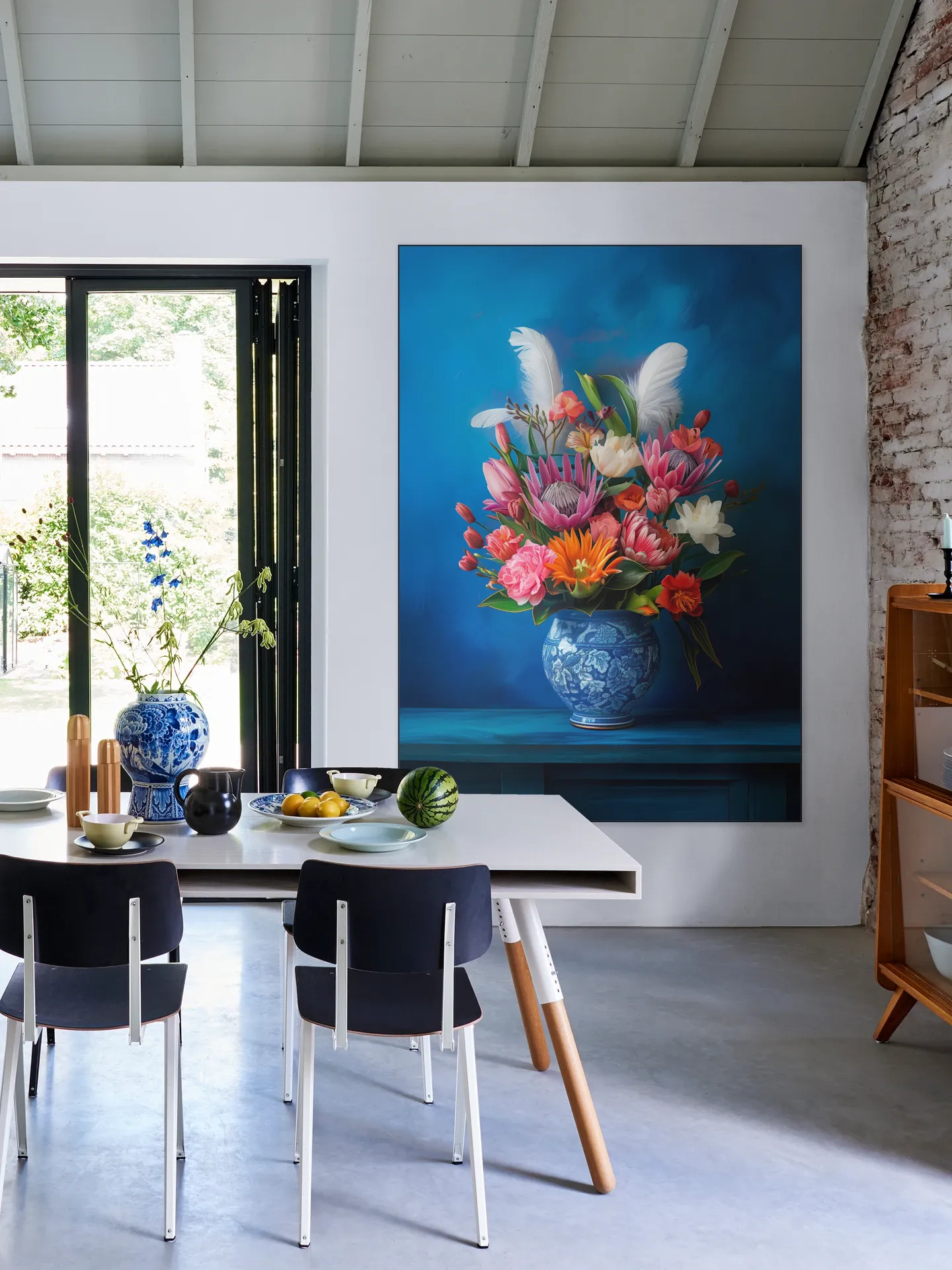 Delft Blue Floral Still Life with Colorful Flowers and White Feathers