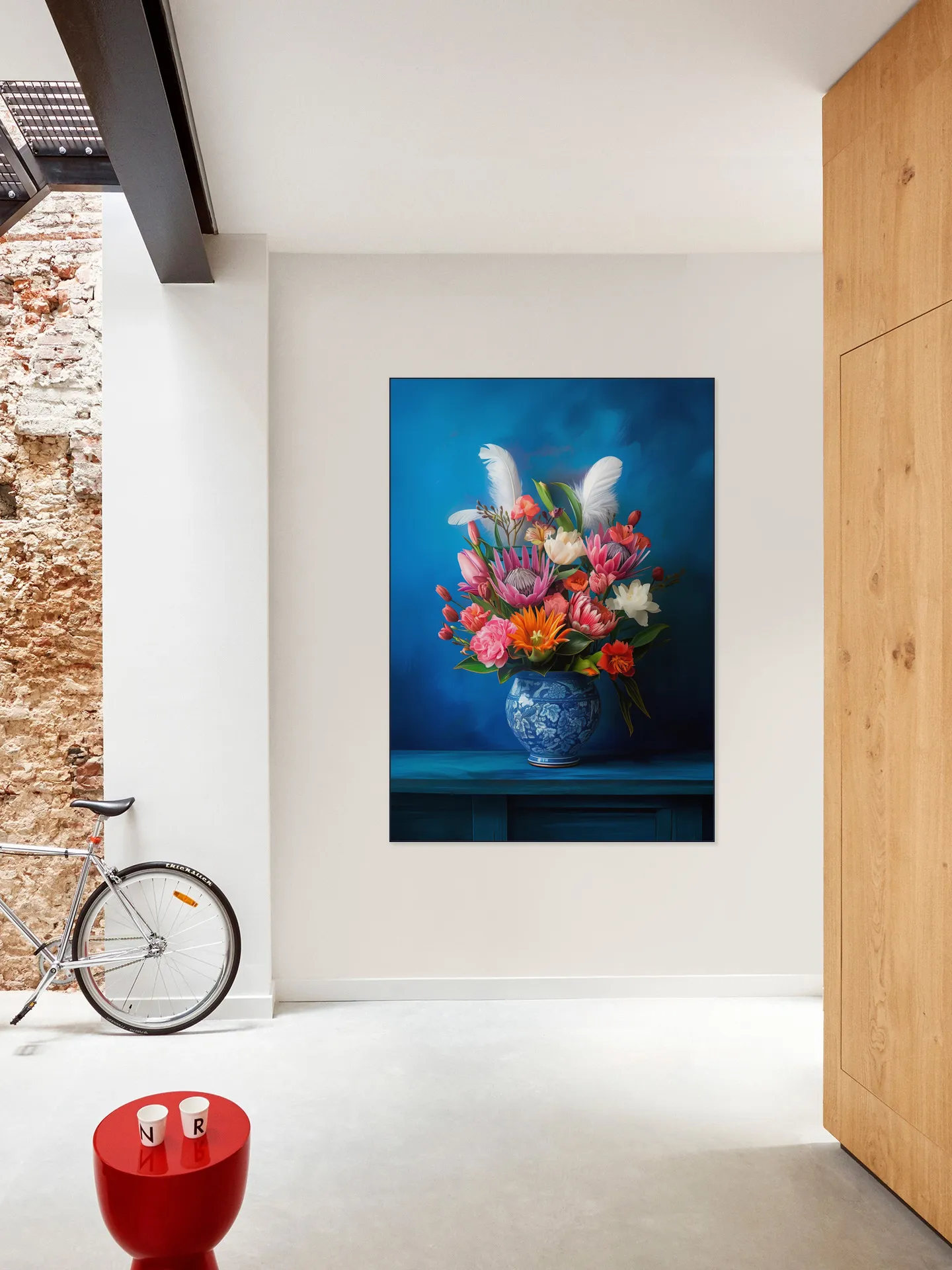 Delft Blue Floral Still Life with Colorful Flowers and White Feathers