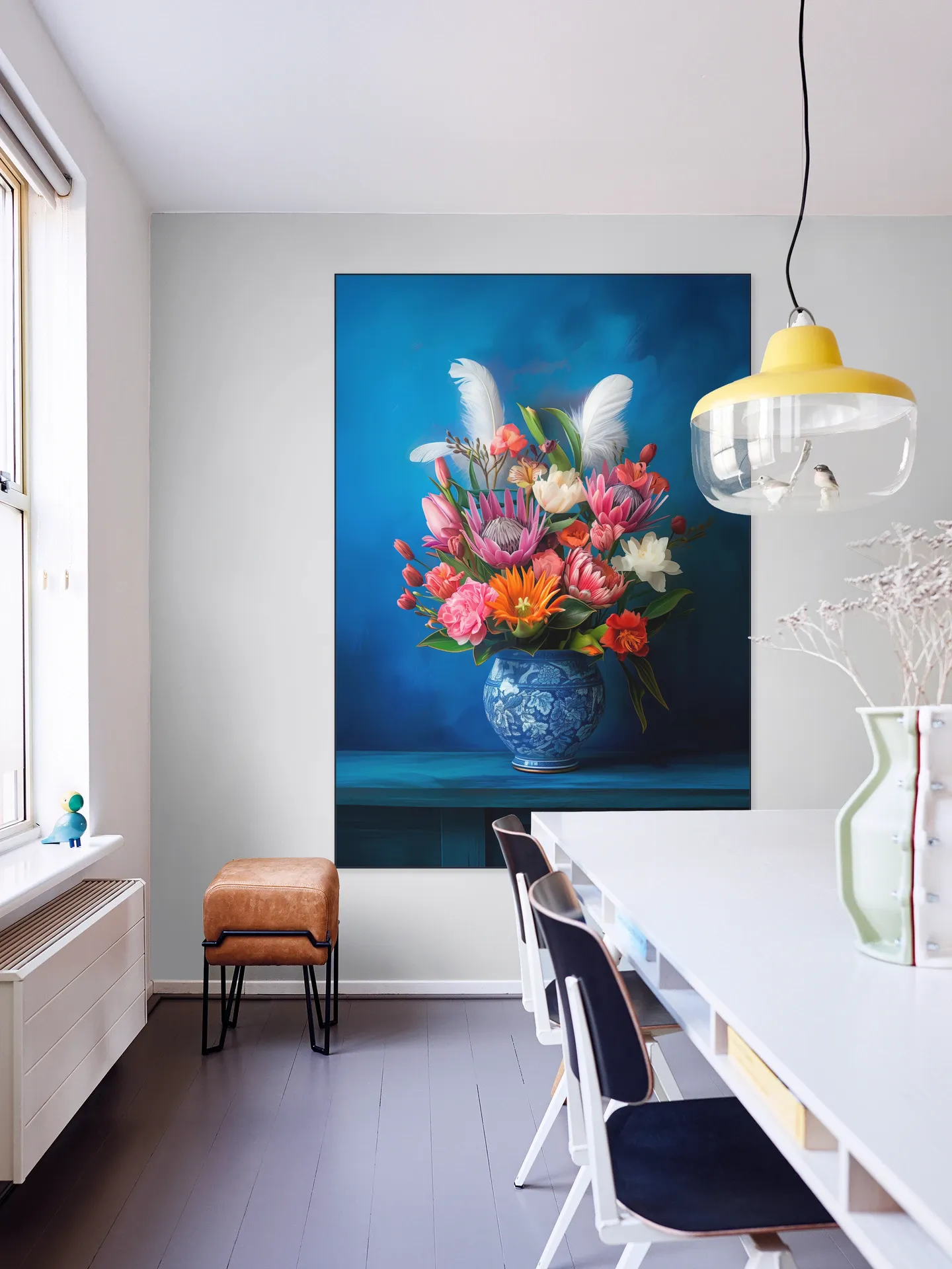 Delft Blue Floral Still Life with Colorful Flowers and White Feathers