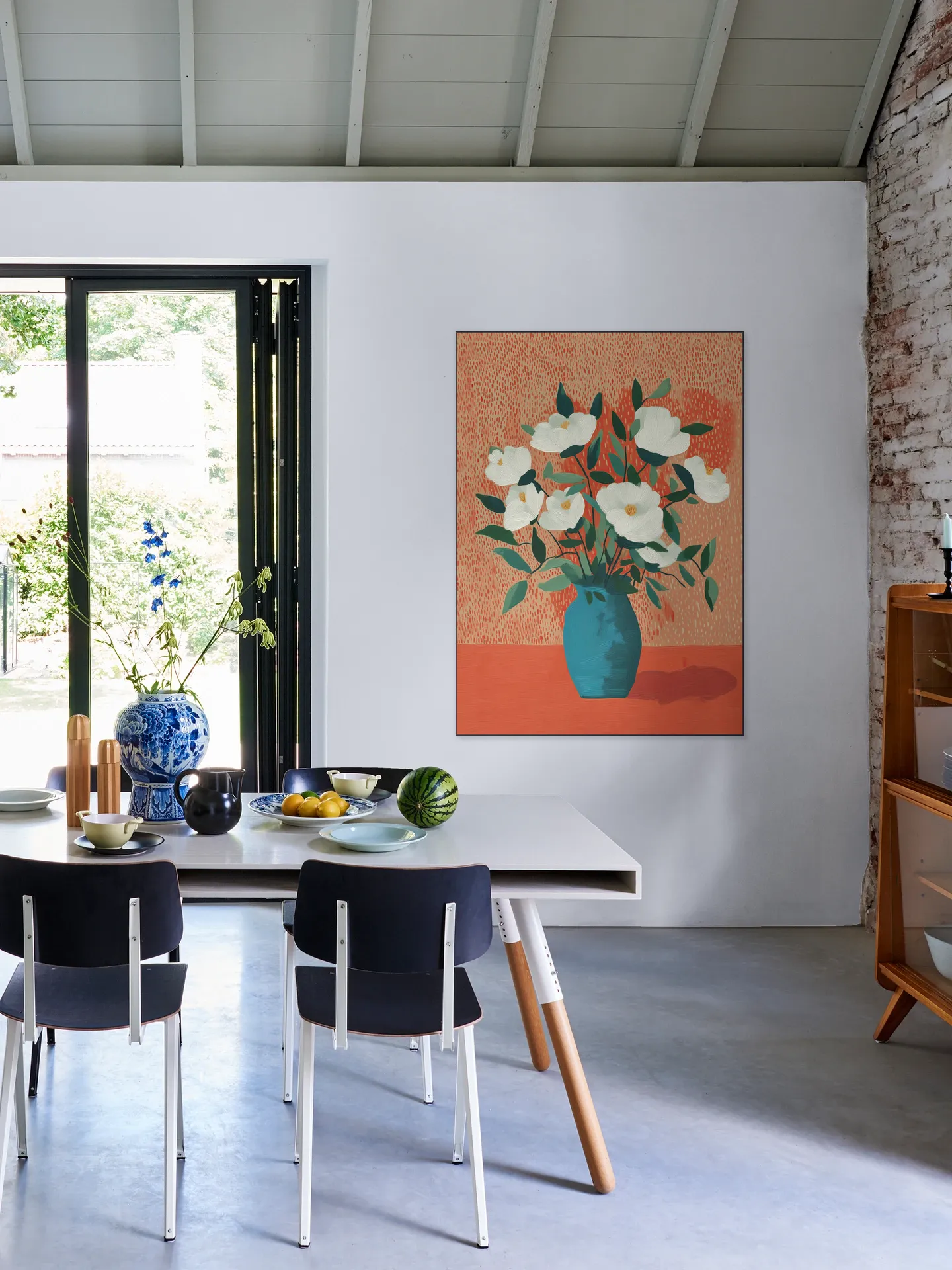 White Blossoms in Blue Vase