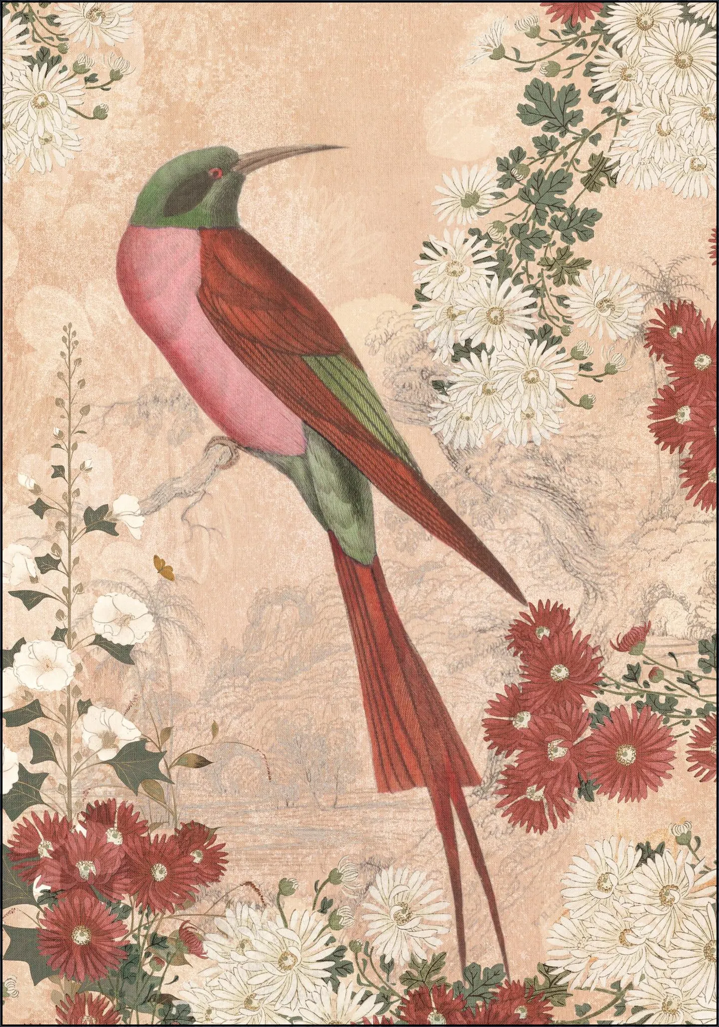 Japanese Floral Blossom And Red Tropical Bird