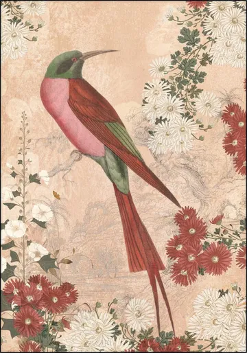 Japanese Floral Blossom And Red Tropical Bird