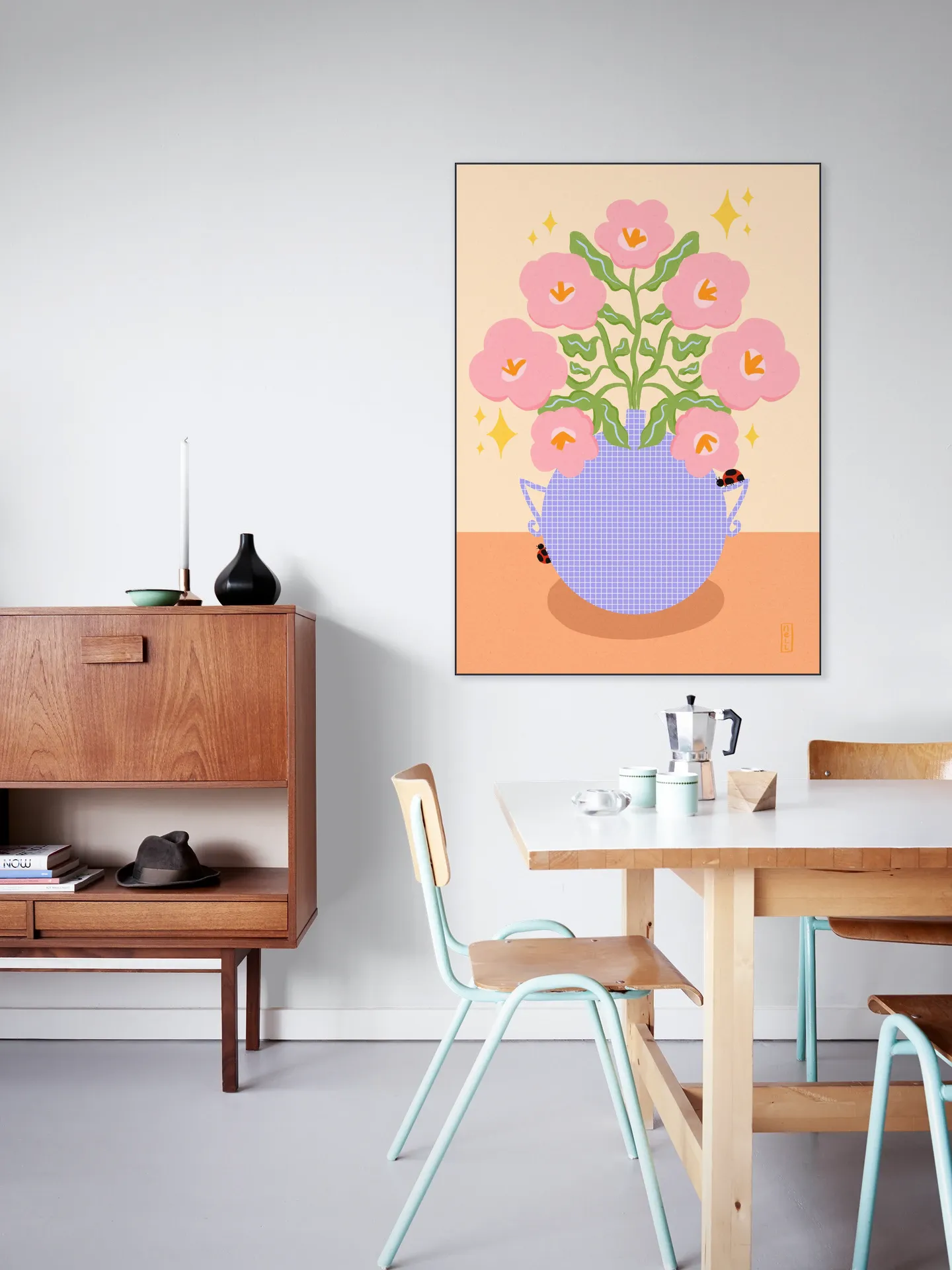 Pink Retro Flowers in a Vase Illustration