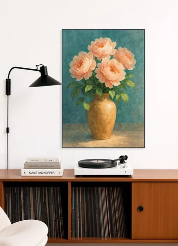 Aardewerk Vaas met Roze Pioenrozen