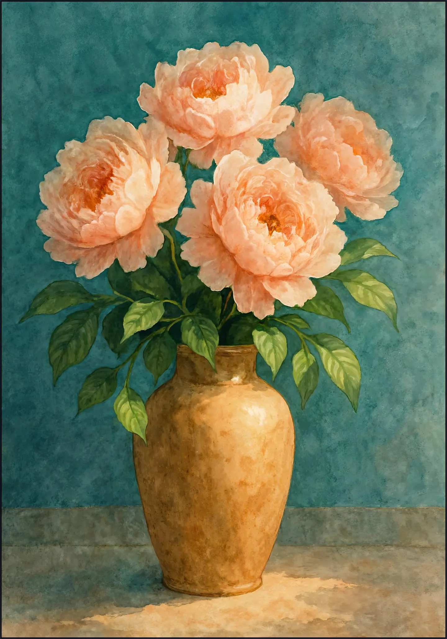 Earthenware Vase with Pink Peonies