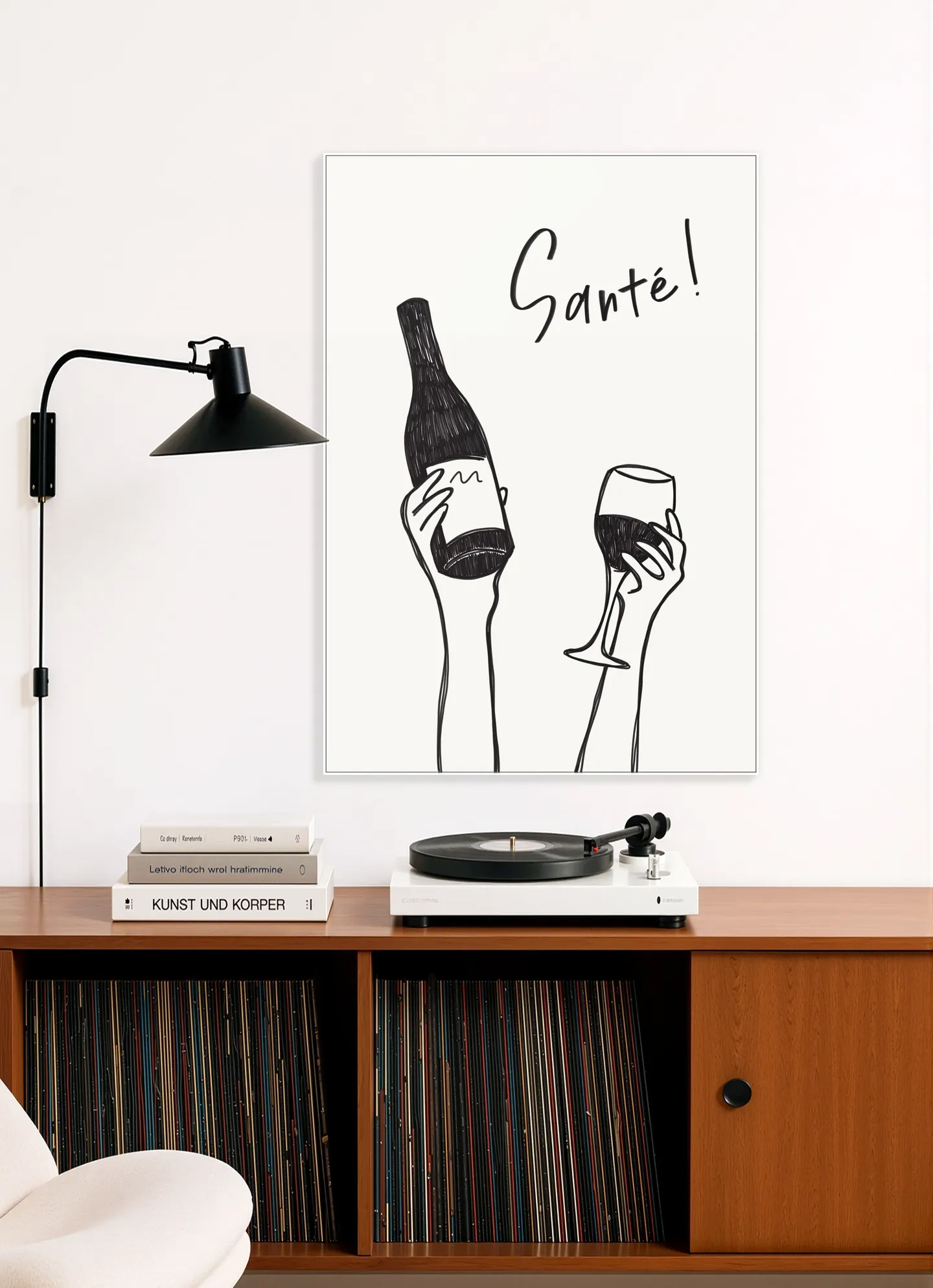 Hands holding a wine bottle and a wine glass with the text "Cheers!" in French