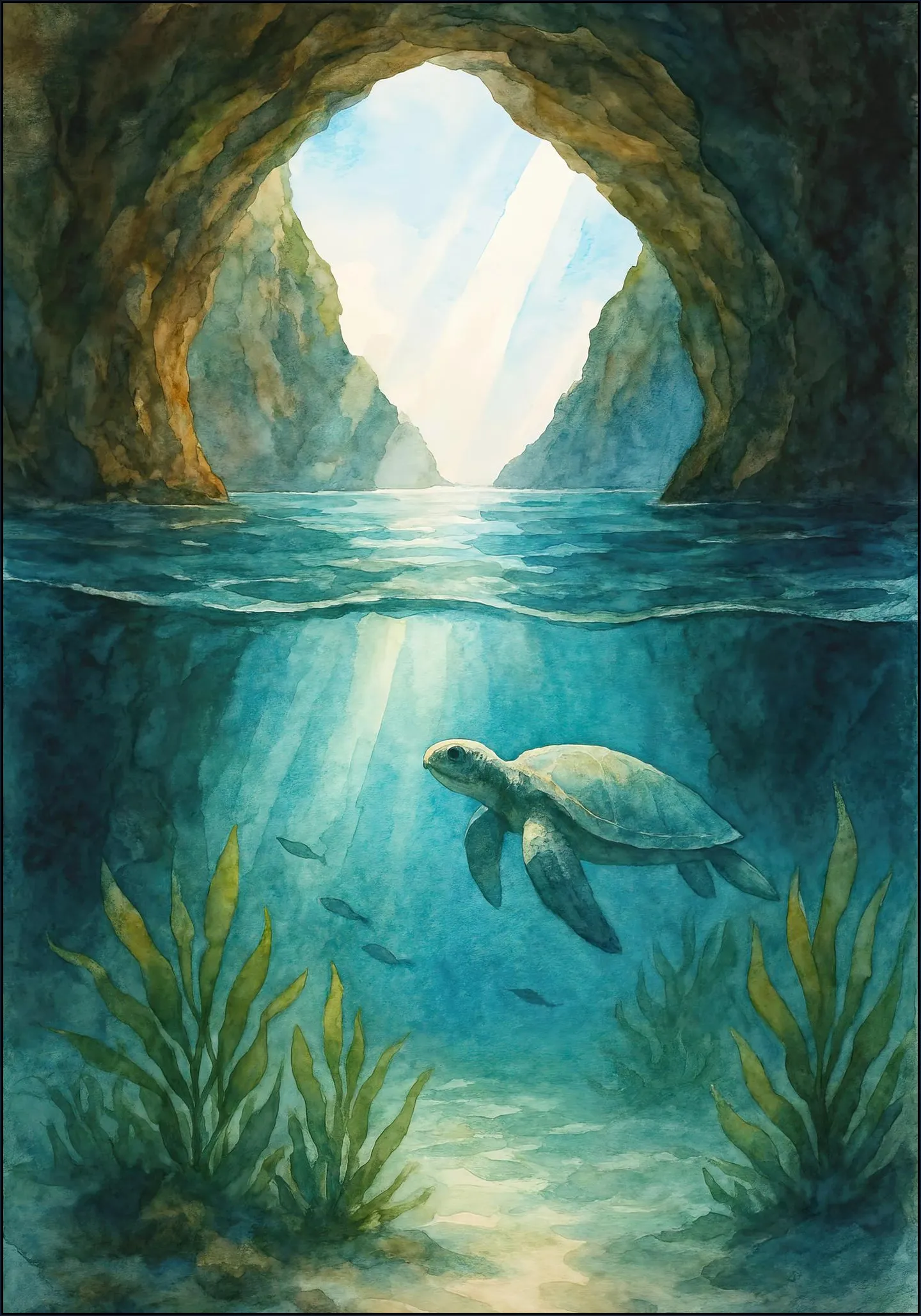 Sea Turtle Underwater in Hidden Cave