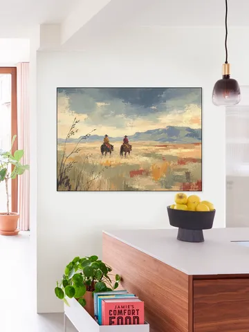 Cowboys on Horseback on a Vast Desert Plain