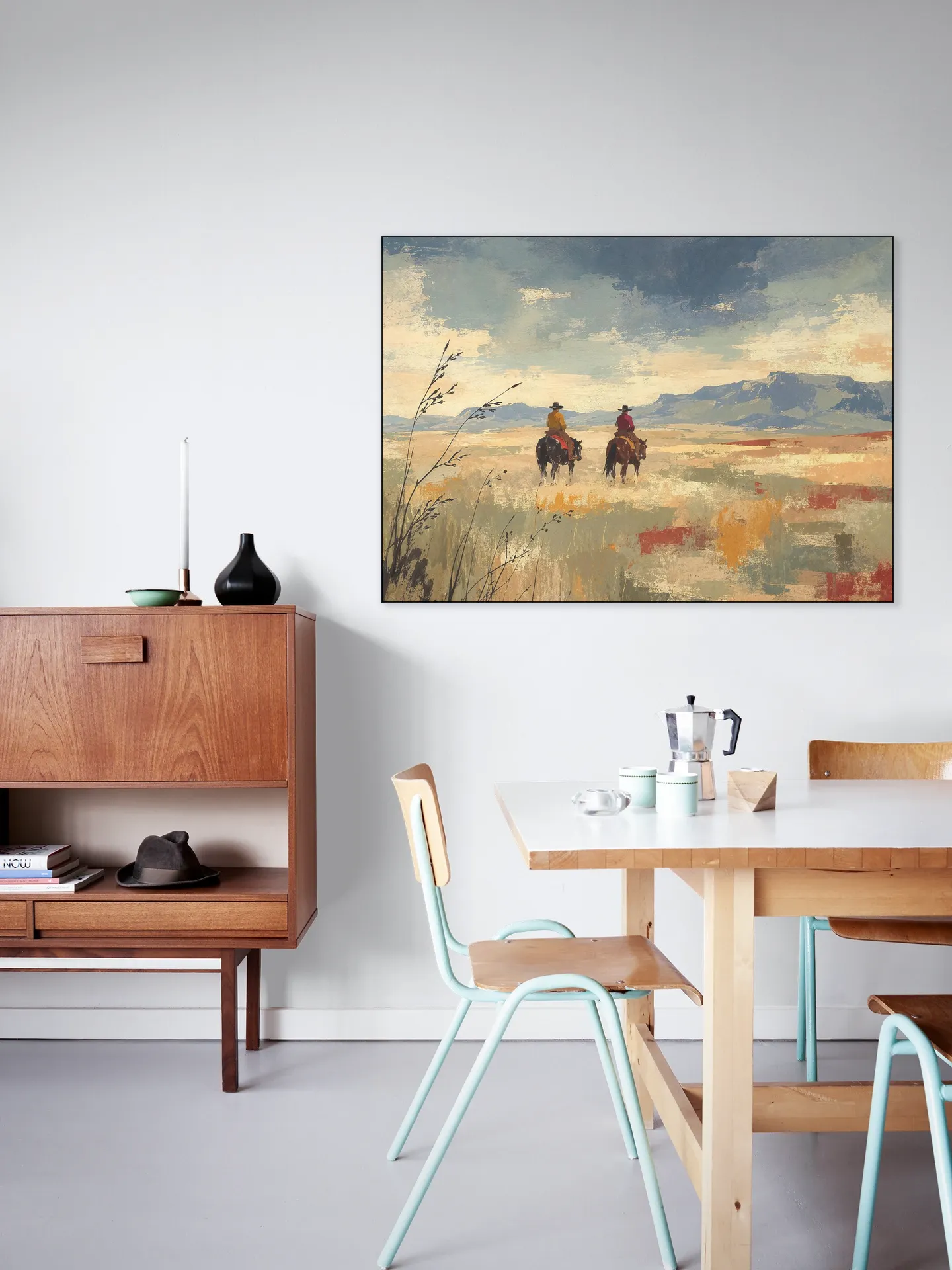 Cowboys on Horseback on a Vast Desert Plain