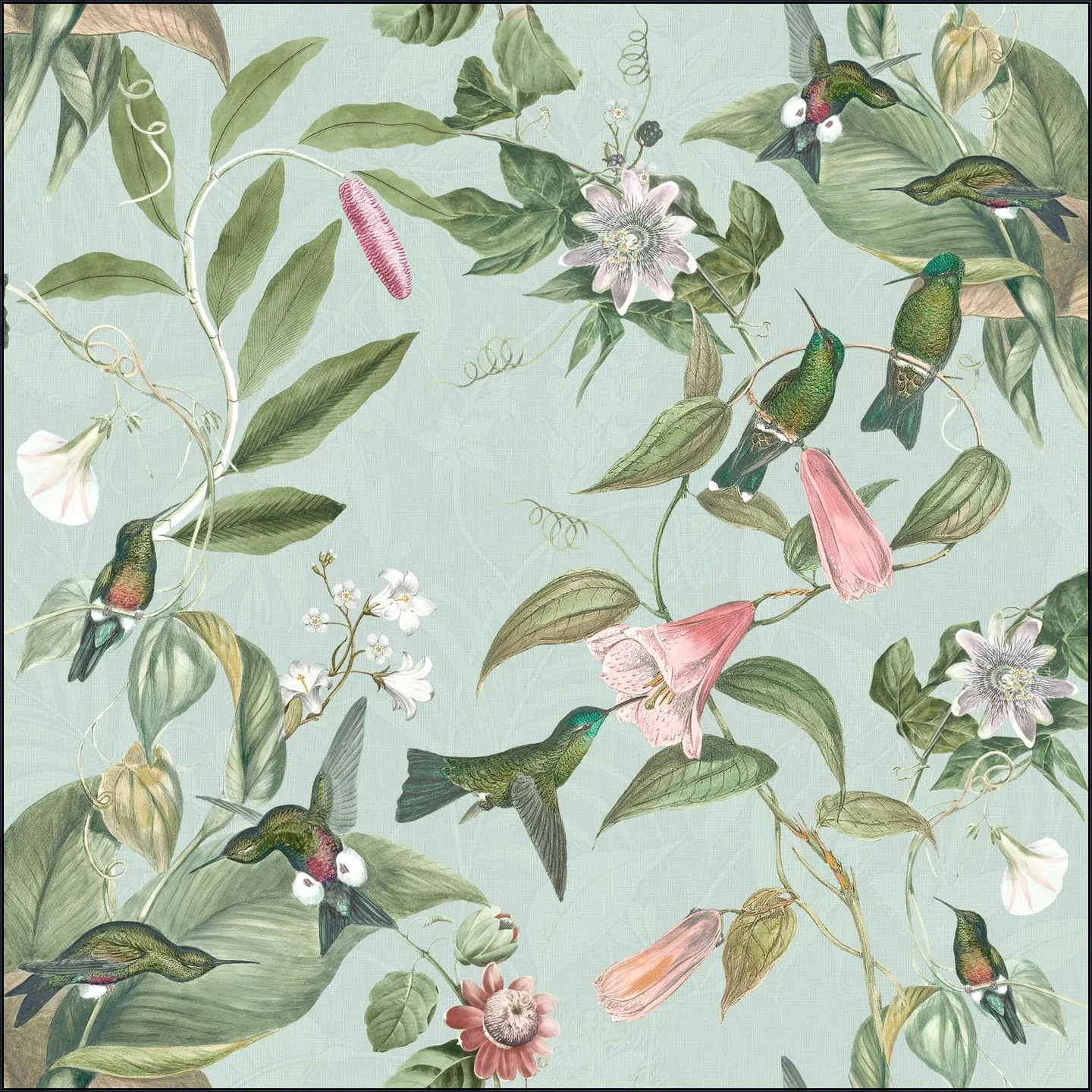 Birds & Passiflora paradise garden - soft teal