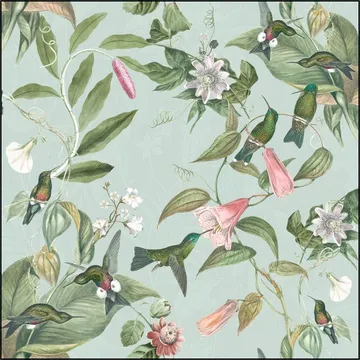 Birds & Passiflora paradise garden - soft teal