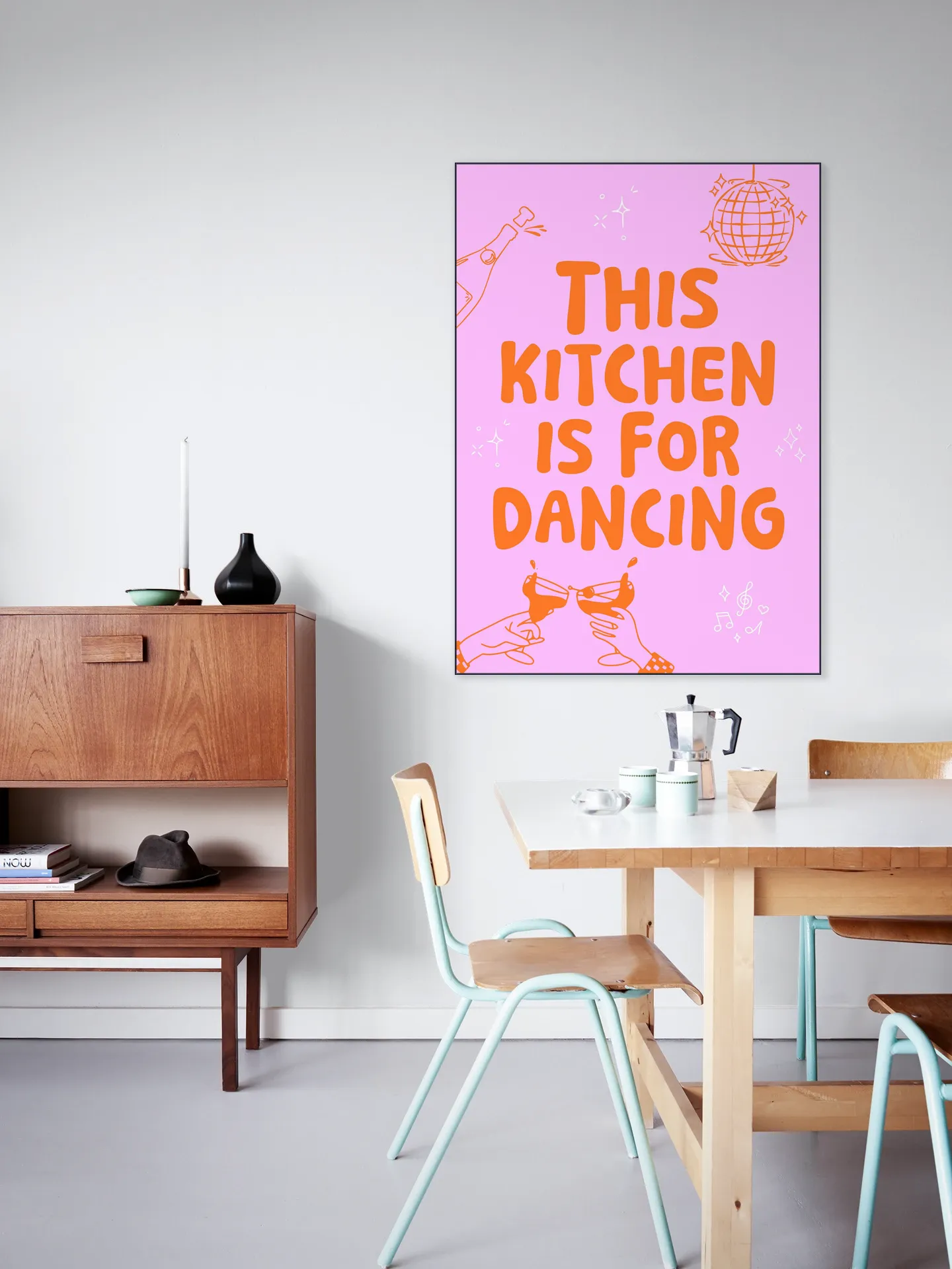 This kitchen is for dancing - pink/orange