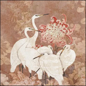 Dreamy Japanese Crane Birds and Bloom Garden