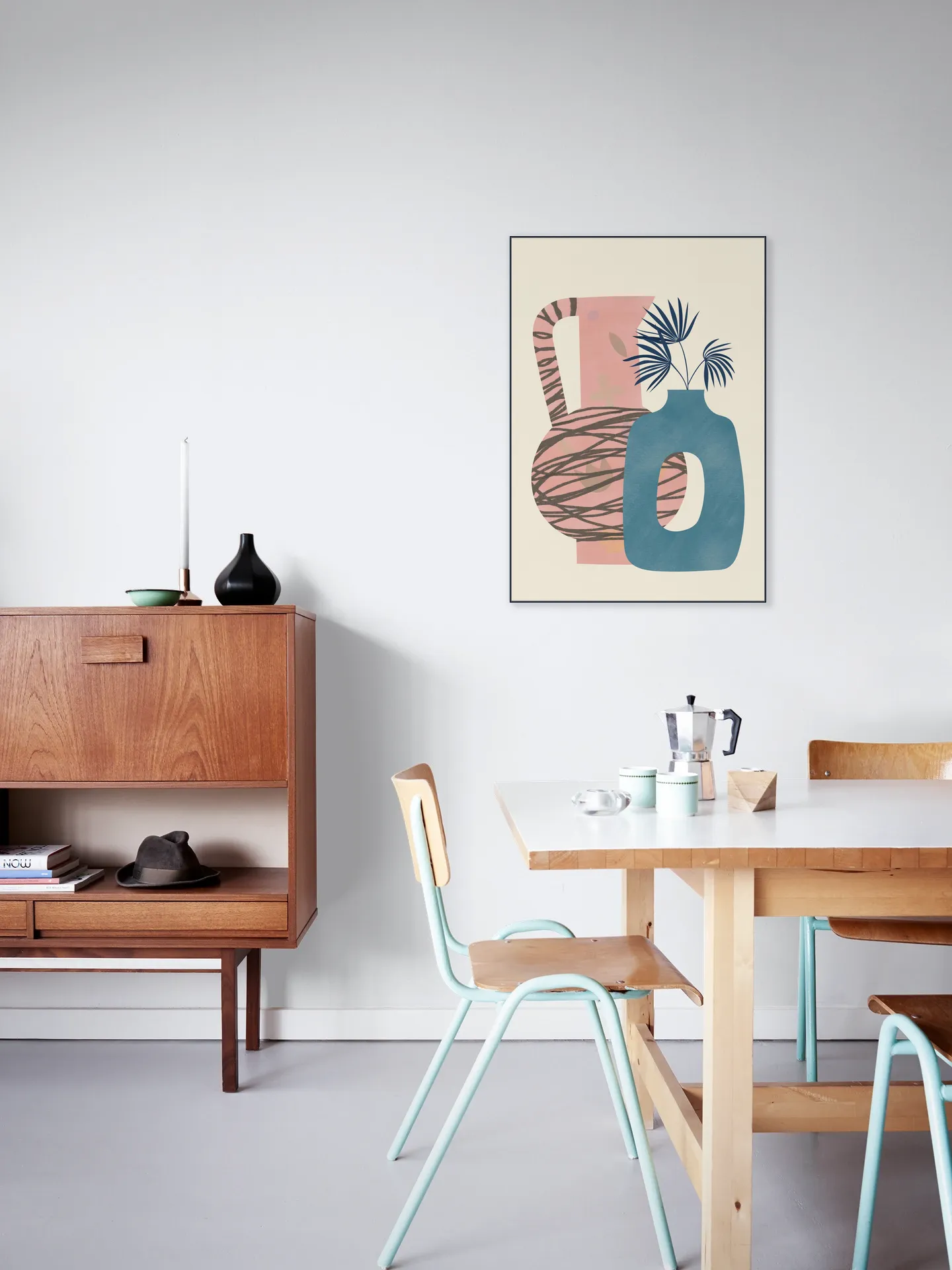 Still life with blue and pink vase