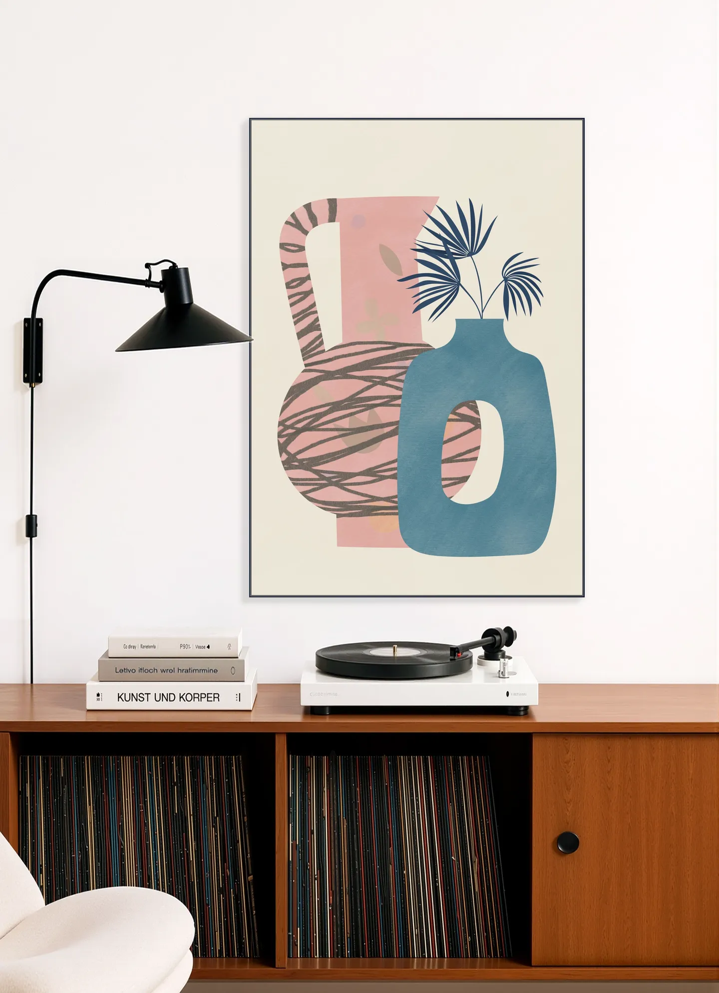 Still life with blue and pink vase