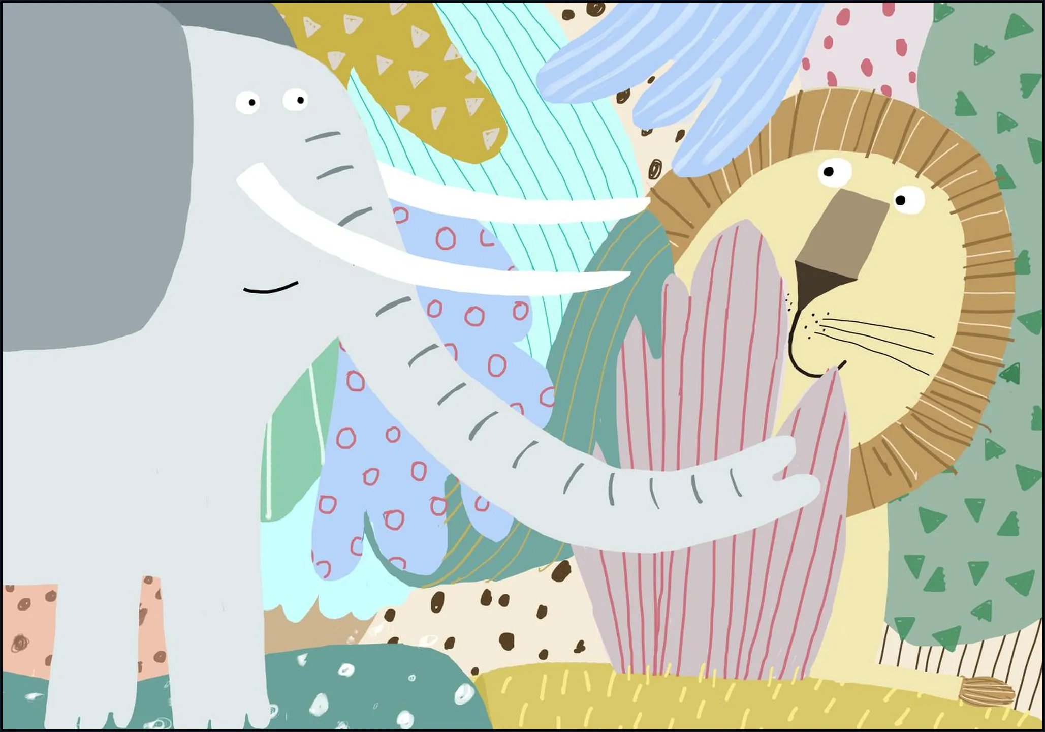 Cute Elephant with Lion Peeking Out of the Jungle