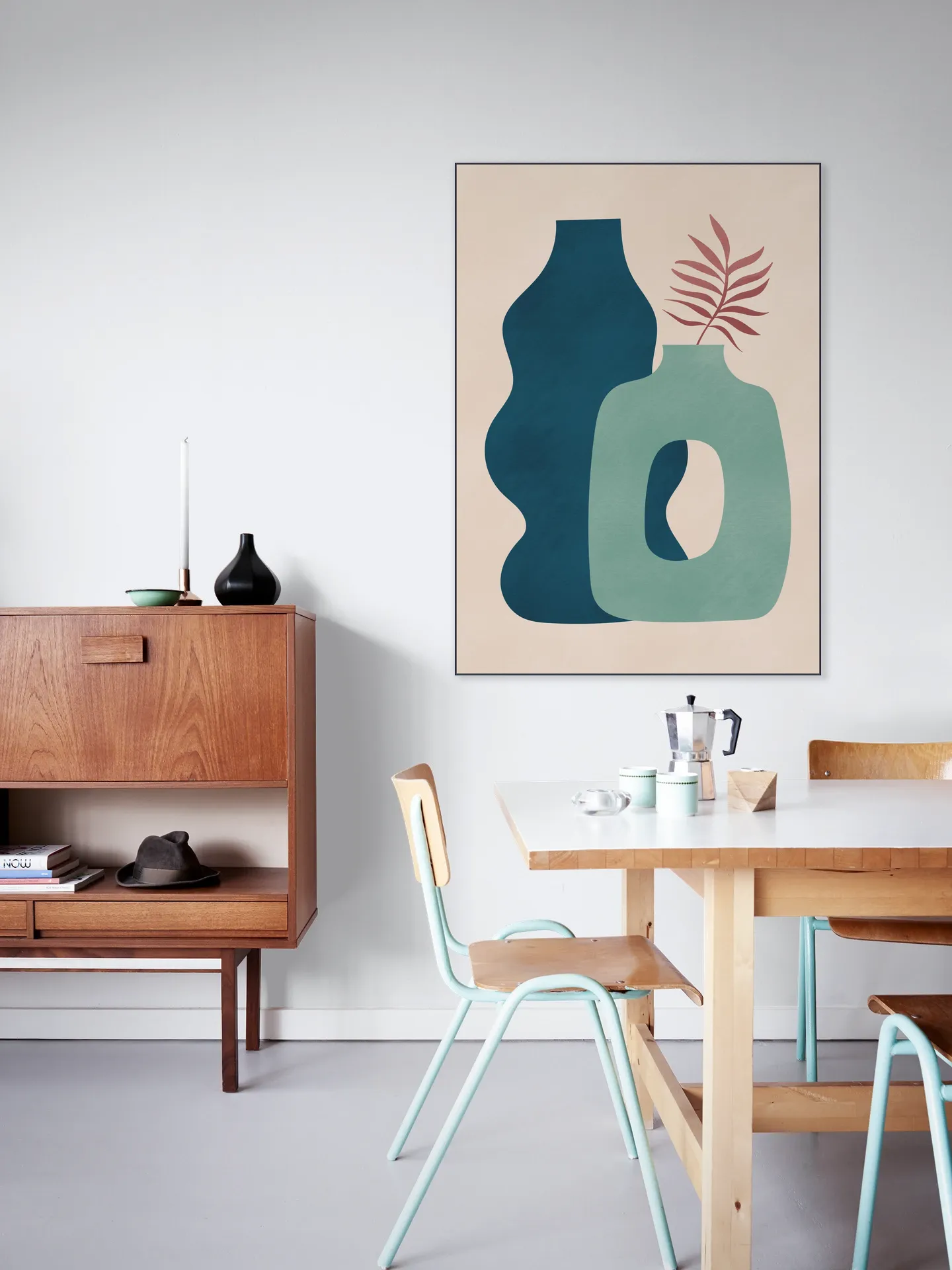 Minimalist Design with Blue and Green Vases