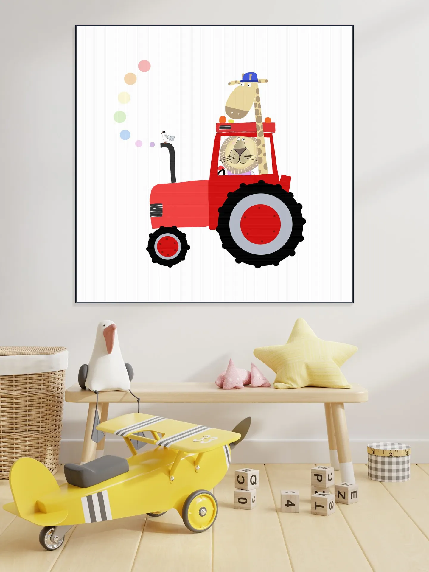 Giraffe and Lion in Red Tractor with Rainbow Spots