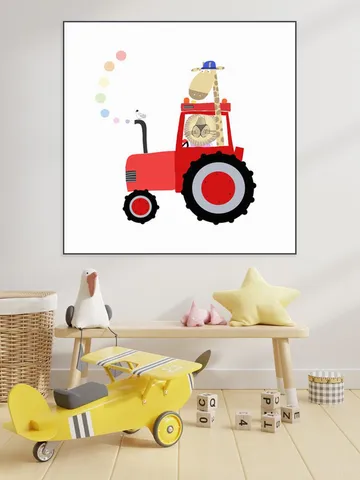 Giraffe and Lion in Red Tractor with Rainbow Spots