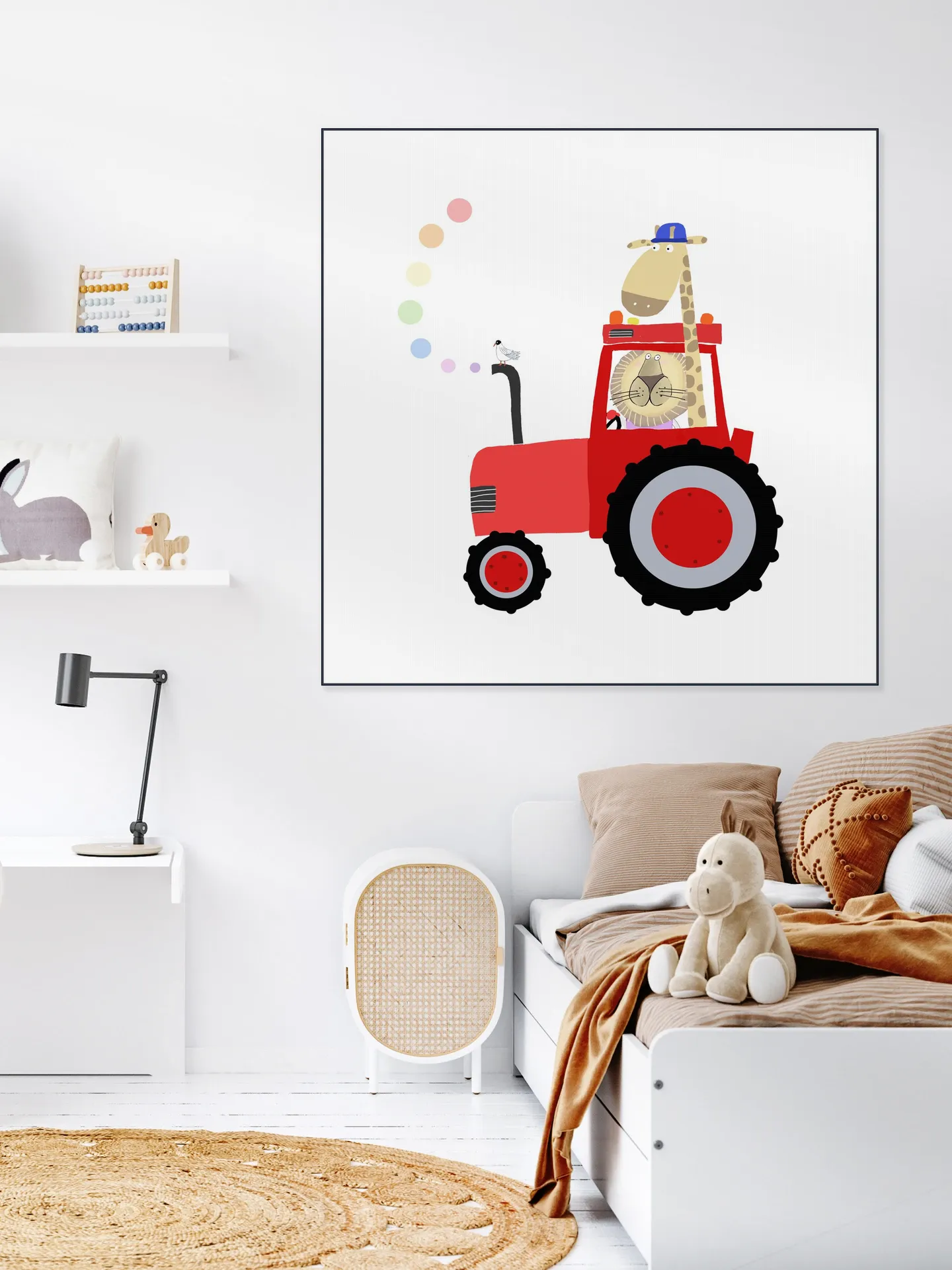 Giraffe and Lion in Red Tractor with Rainbow Spots