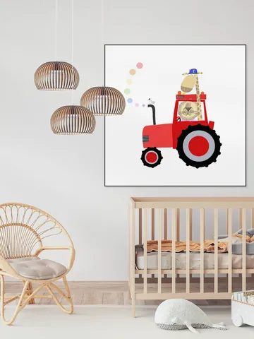 Giraffe and Lion in Red Tractor with Rainbow Spots