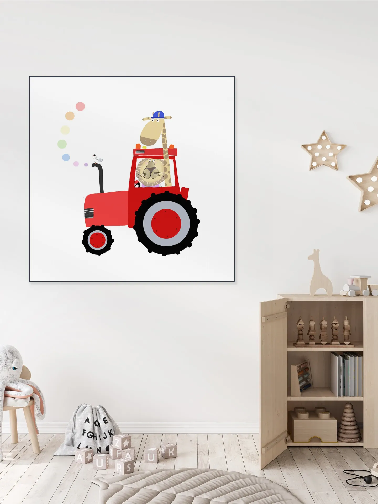 Giraffe and Lion in Red Tractor with Rainbow Spots