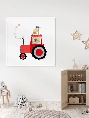 Giraffe and Lion in Red Tractor with Rainbow Spots