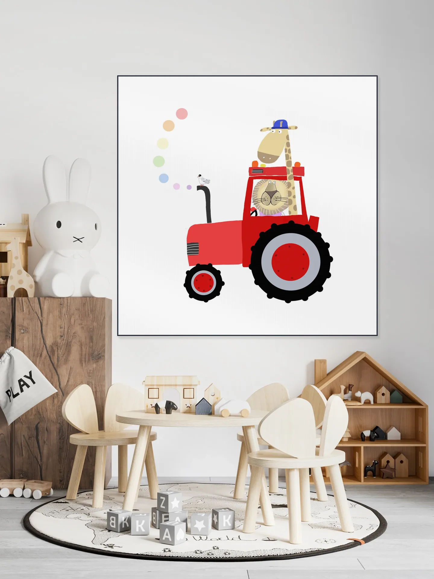 Giraffe and Lion in Red Tractor with Rainbow Spots