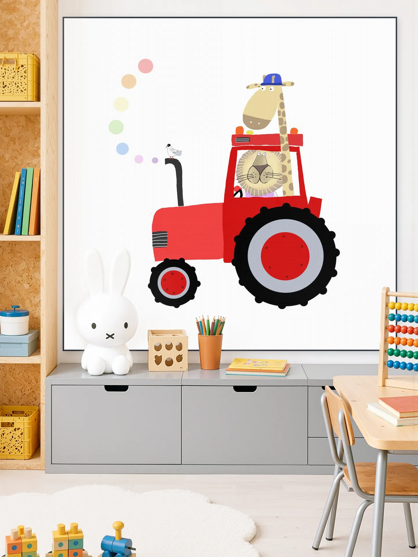 Giraffe and Lion in Red Tractor with Rainbow Spots
