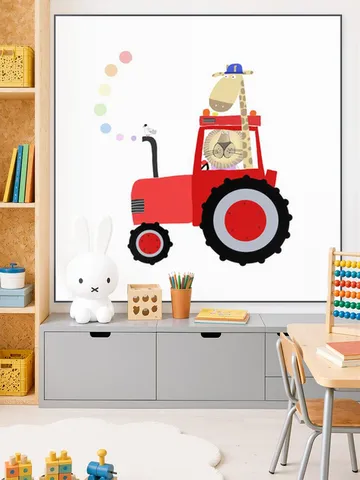 Giraffe and Lion in Red Tractor with Rainbow Spots