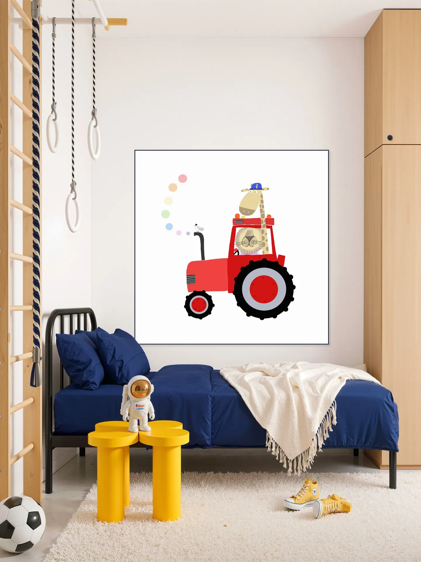 Giraffe and Lion in Red Tractor with Rainbow Spots