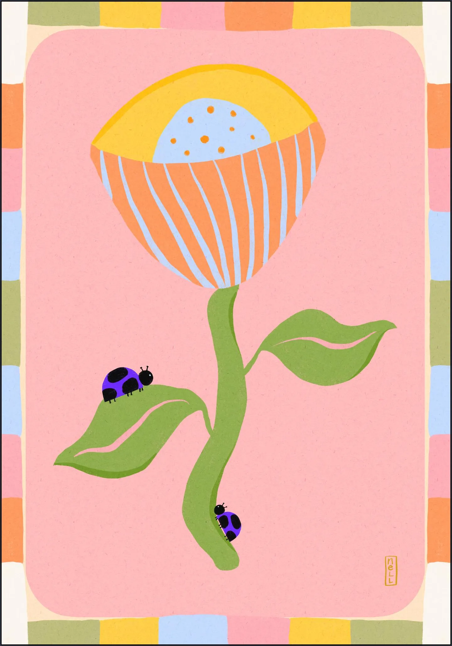 Retro Bell Flower and Ladybirds