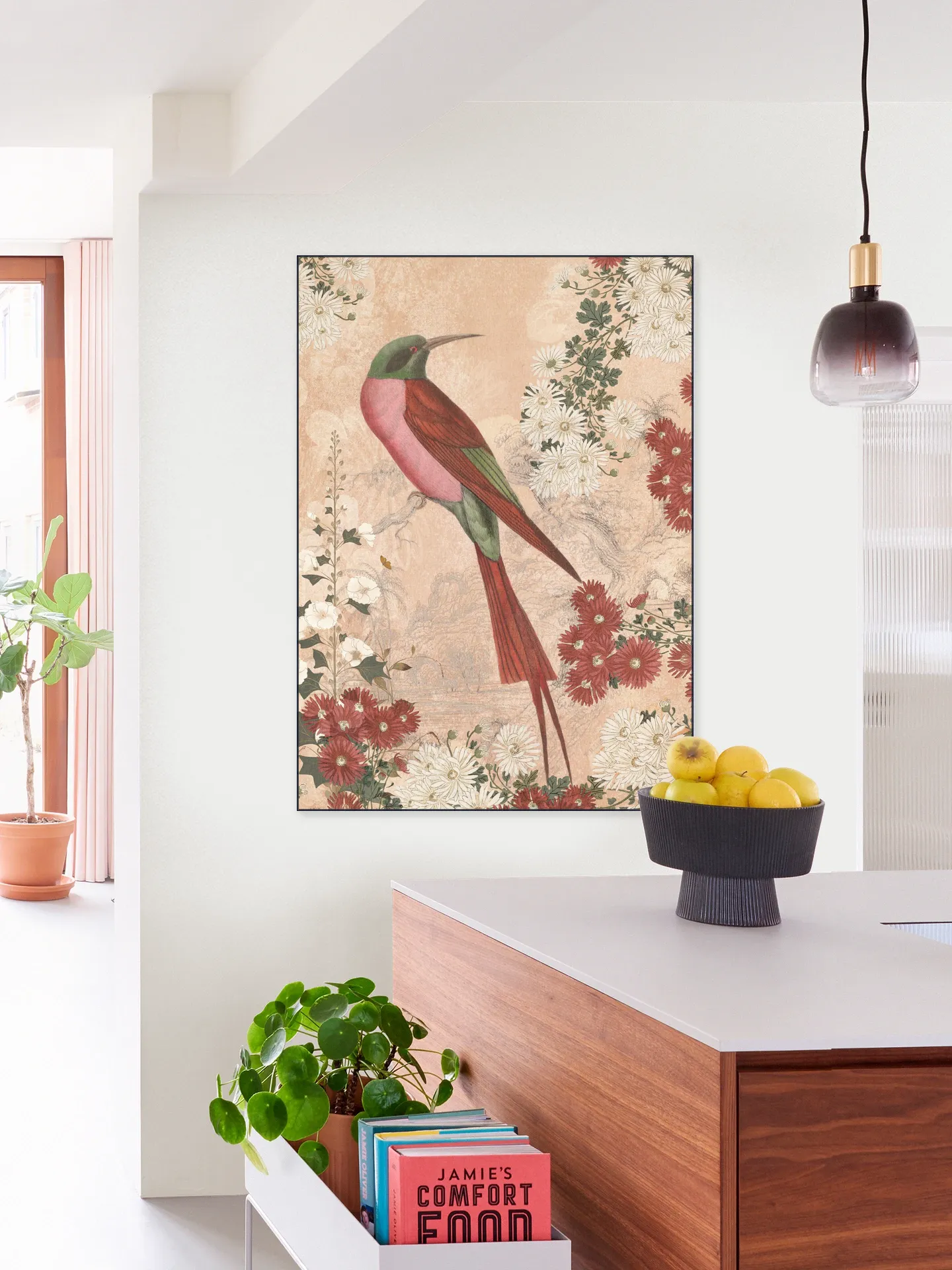 Japanese Floral Blossom And Red Tropical Bird