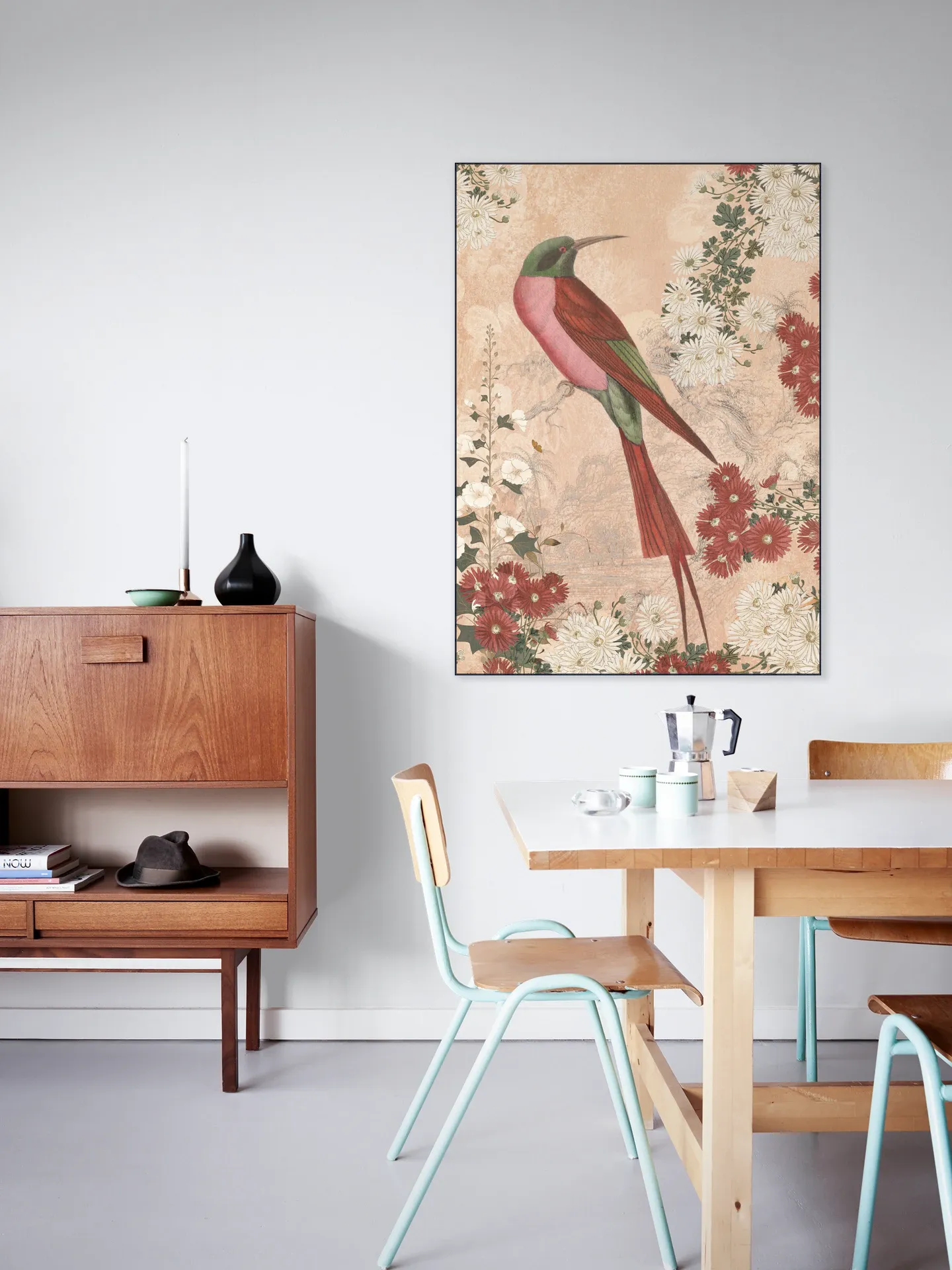 Japanese Floral Blossom And Red Tropical Bird