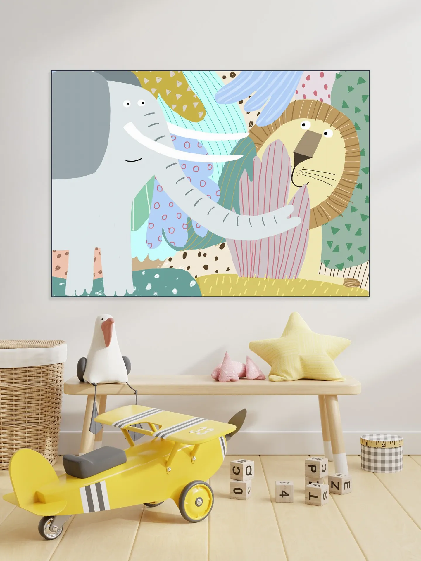 Cute Elephant with Lion Peeking Out of the Jungle