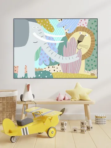 Cute Elephant with Lion Peeking Out of the Jungle