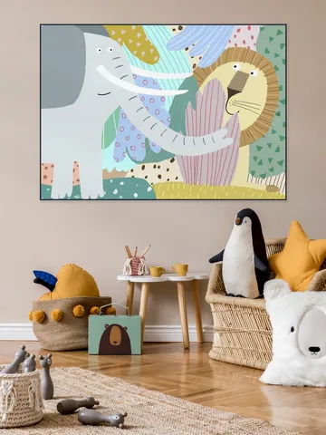 Cute Elephant with Lion Peeking Out of the Jungle