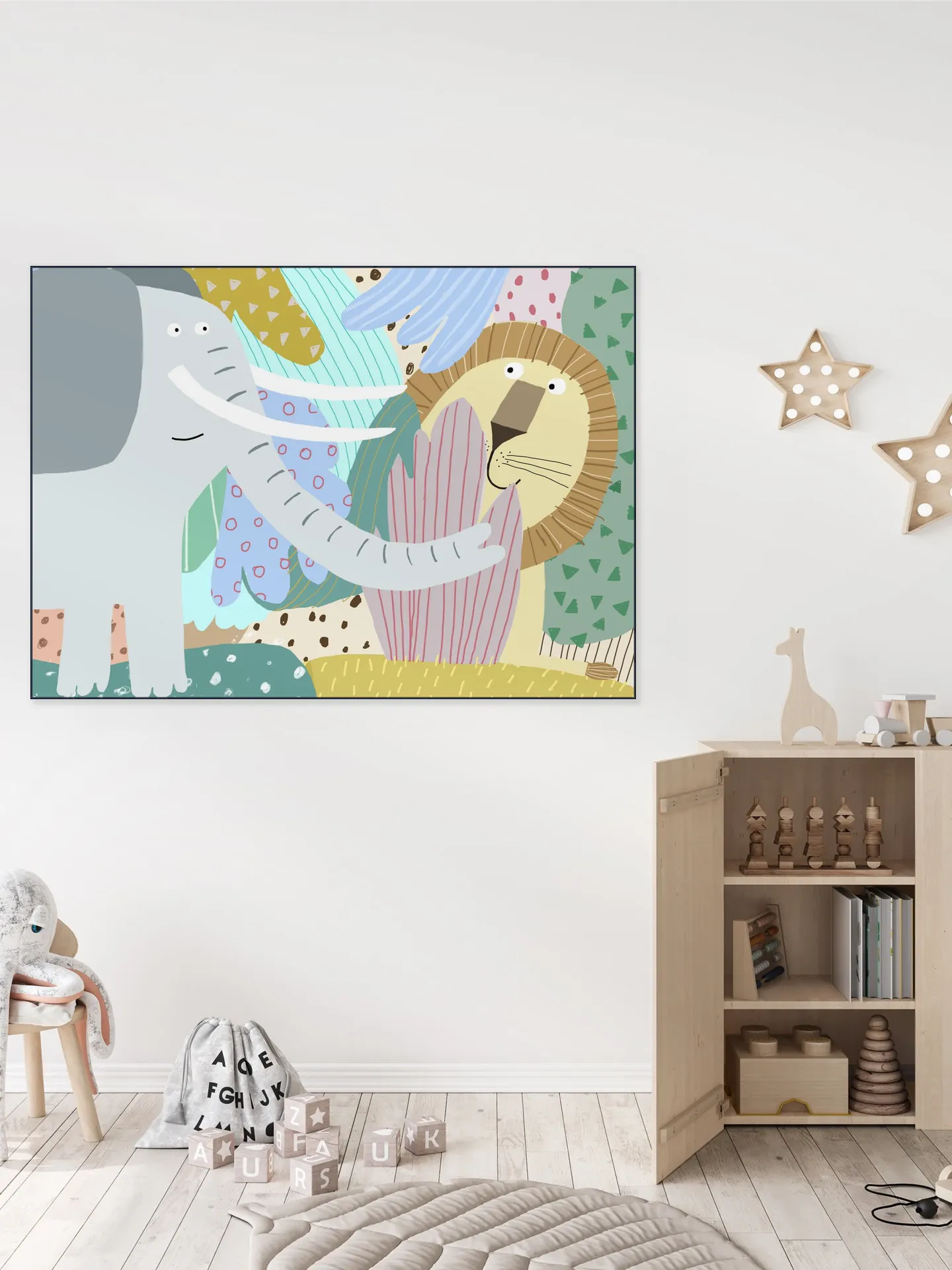 Cute Elephant with Lion Peeking Out of the Jungle