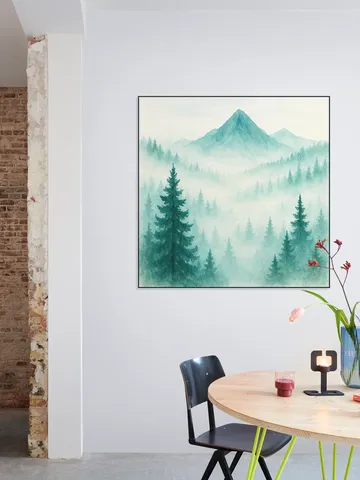 Pine Forest and Mountains in the Morning Mist