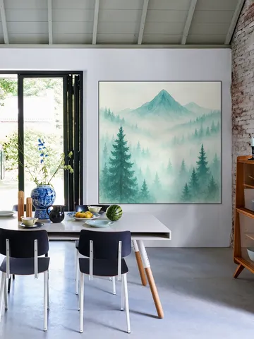 Pine Forest and Mountains in the Morning Mist