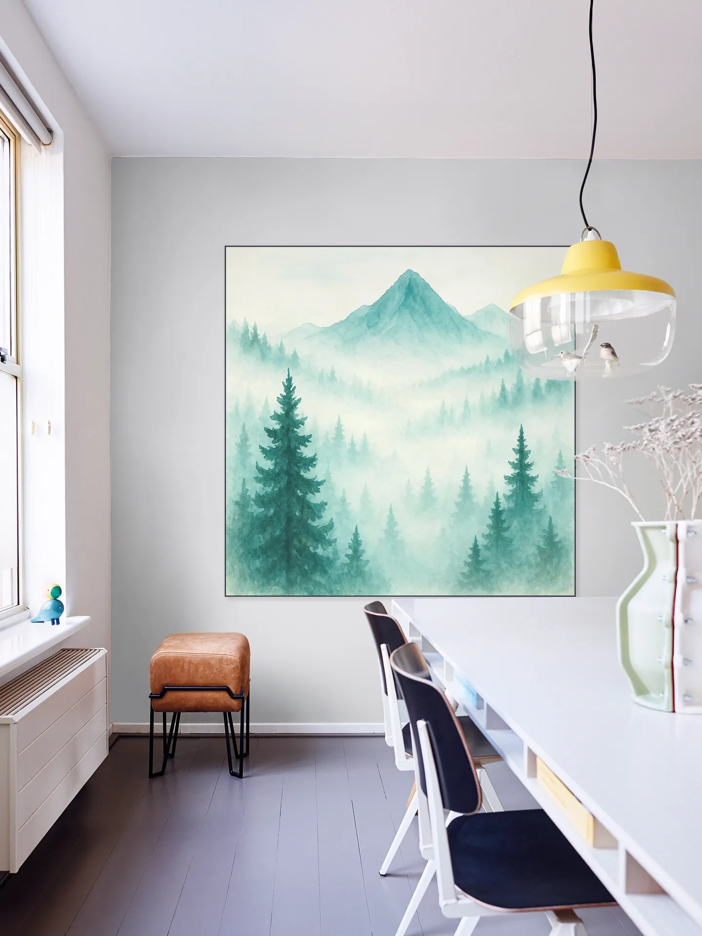 Pine Forest and Mountains in the Morning Mist