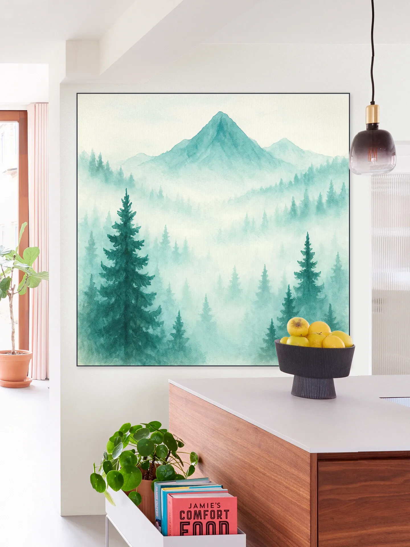 Pine Forest and Mountains in the Morning Mist