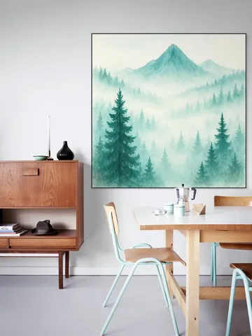 Pine Forest and Mountains in the Morning Mist