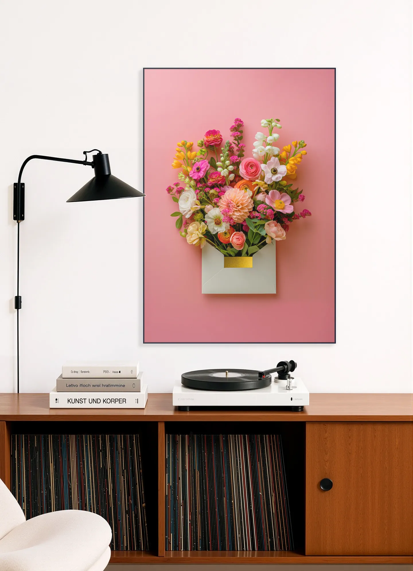 Pink Floral Still Life with Colorful Flowers in Gold Envelope