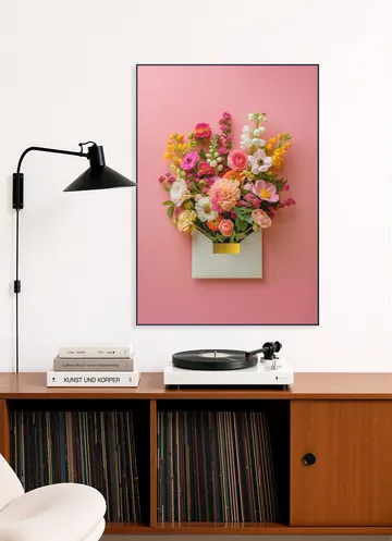 Pink Floral Still Life with Colorful Flowers in Gold Envelope